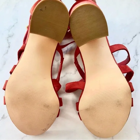 Bleecker & Bond Mindy Heels Womens Size 8 Cage Chunky Sandals Red Suede Strappy - Picture 10 of 12